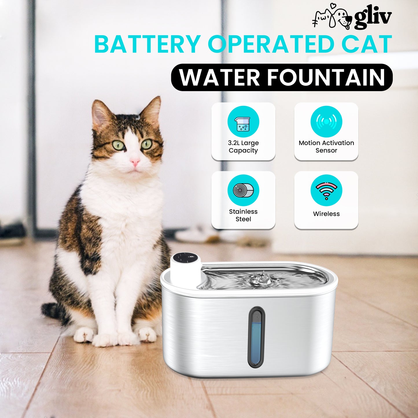 Stainless Steel  Automatic Cat Water Fountain, Battery-Operated, Quiet, Filtered, Sense Mode, Pet Fountain with 3L Capacity Transparent Window Design.