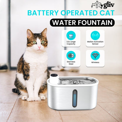 Stainless Steel  Automatic Cat Water Fountain, Battery-Operated, Quiet, Filtered, Sense Mode, Pet Fountain with 3L Capacity Transparent Window Design.